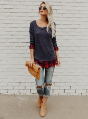 Round Neck Long Sleeve Plaid Panel Knit Tee Shirt