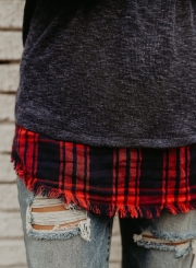 Round Neck Long Sleeve Plaid Panel Knit Tee Shirt