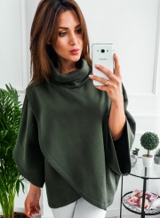 Solid High Neck Irregualr Pullover Sweatshirt