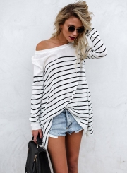 Casual Round Neck Long Sleeve Striped Splicing Pullover Tee Shirt