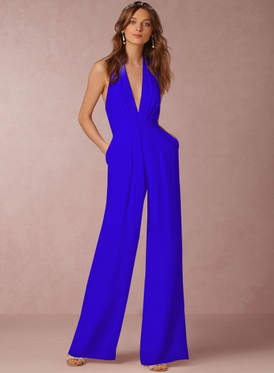 Fashion Halter V Neck Backless Wide-Leg Jumpsuit zecalaba.com