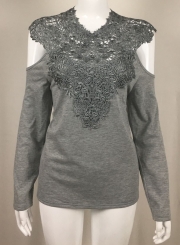 Fashion Round Neck Long Sleeve Off Shoulder Lace Splicing Tee Shirt