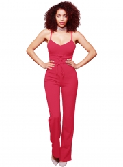 Elegant Spaghetti Strap V Neck Solid Color Jumpsuit