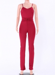 Elegant Spaghetti Strap V Neck Solid Color Jumpsuit