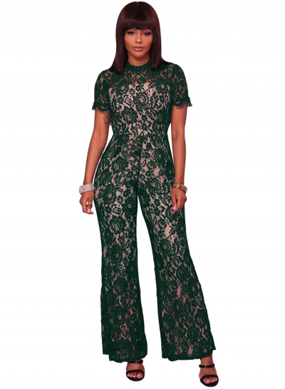 Short Sleeve Backless Lace Wide Leg Jumpsuit