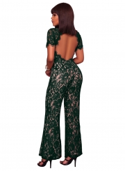 Short Sleeve Backless Lace Wide Leg Jumpsuit