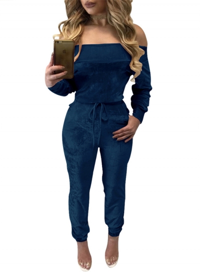 Off Shoulder Long Sleeve Velvet Jumpsuit zecalaba.com