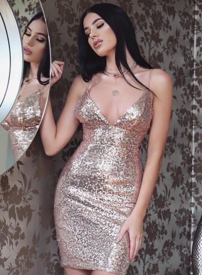 Spaghetti Strap V Neck Bodycon Sequins Night Club Dress