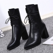 Solid Block Heels Lace up Pointed Toe Mid-calf Boots