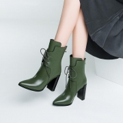 Solid Block Heels Lace up Pointed Toe Mid-calf Boots