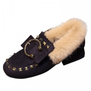 Square Toe Faux Fur Flat Rivet Warm Shoes