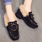 Square Toe Faux Fur Flat Rivet Warm Shoes