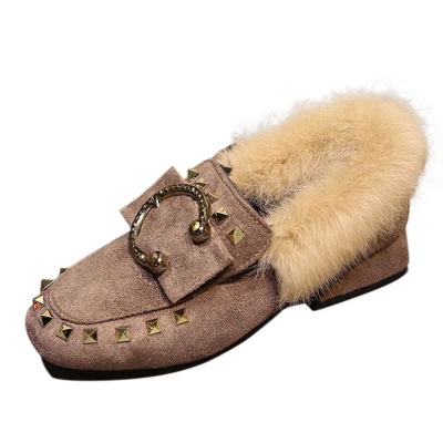 Square Toe Faux Fur Flat Rivet Warm Shoes zecalaba.com