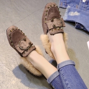 Square Toe Faux Fur Flat Rivet Warm Shoes