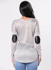 Fashion Round Neck Long Sleeve PU Splicing Pullover Tee Shirt