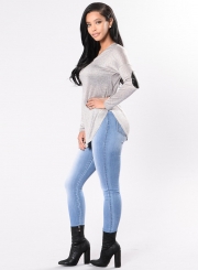 Fashion Round Neck Long Sleeve PU Splicing Pullover Tee Shirt