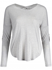 Fashion Round Neck Long Sleeve PU Splicing Pullover Tee Shirt