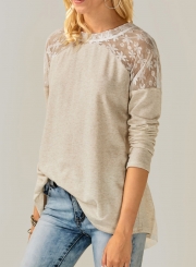 Fashion Round Neck Long Sleeve Lace Splicing Tee Shirt