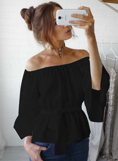 Off Shoulder Flare Sleeve Chiffon Blouse with Belt