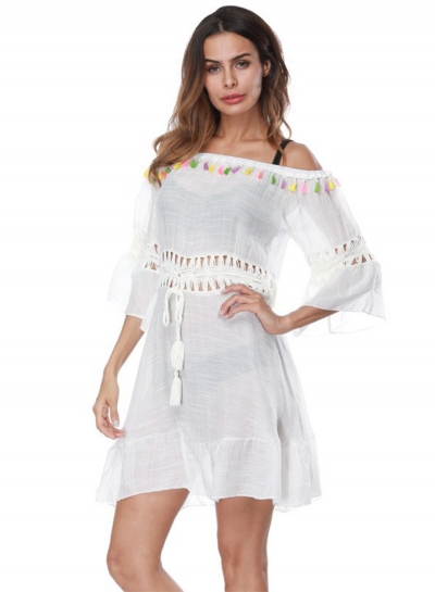 Off Shoulder Drawstring Waist Beachwear Dress with Tassel