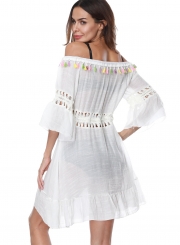 Off Shoulder Drawstring Waist Beachwear Dress with Tassel