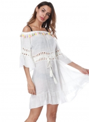 Off Shoulder Drawstring Waist Beachwear Dress with Tassel