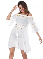 Off Shoulder Drawstring Waist Beachwear Dress with Tassel