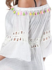 Off Shoulder Drawstring Waist Beachwear Dress with Tassel