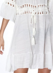Off Shoulder Drawstring Waist Beachwear Dress with Tassel