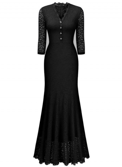 Elegant V Neck 3/4 Sleeve Lace Panel Maxi Prom Dress