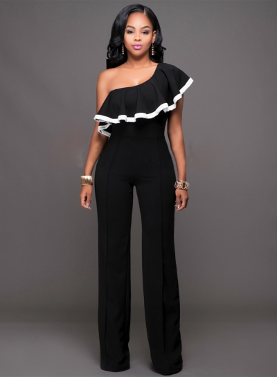 One Shoulder Ruffle Wide Leg Jumpsuit