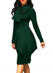 Solid Long Sleeve High Waist Bow Bodycon Dress