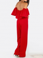 Off Shoulder Short Sleeve Ruffle Solid Jumpsuit