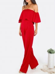 Off Shoulder Short Sleeve Ruffle Solid Jumpsuit