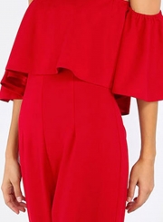 Off Shoulder Short Sleeve Ruffle Solid Jumpsuit