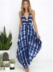 Fashion V Neck Backless Stripe Boho Maxi Dress