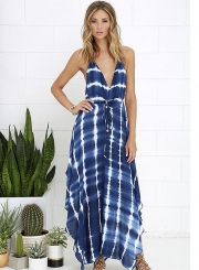 Fashion V Neck Backless Stripe Boho Maxi Dress