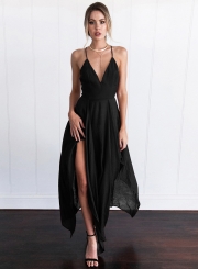 Fashion Spaghetti Strap V Neck Sleeveless Solid Color Dress