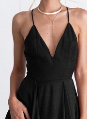 Fashion Spaghetti Strap V Neck Sleeveless Solid Color Dress