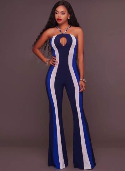 Stripe Halter Backless Wide Leg Jumpsuit