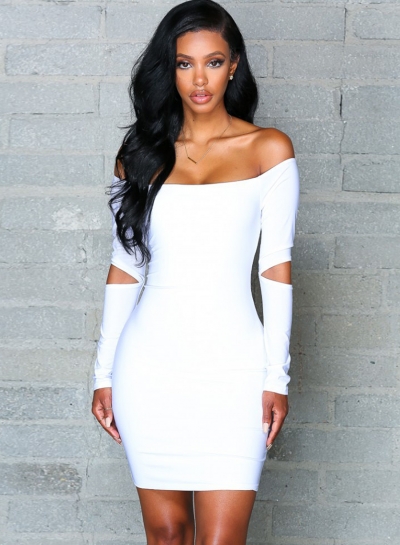 Sexy Slash Neck Long Sleeve Solid Color Bodycon Dress