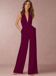 Fashion Halter V Neck Backless Wide-Leg Jumpsuit