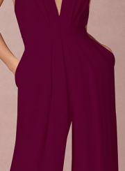 Fashion Halter V Neck Backless Wide-Leg Jumpsuit