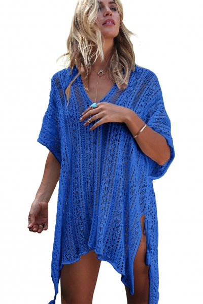 Cobalt Blue Crochet Knitted Tassel Tie Kimono Beachwear YOYOTSHOP.com