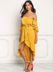 Strapless Puff Sleeve High Low Dress with Belt