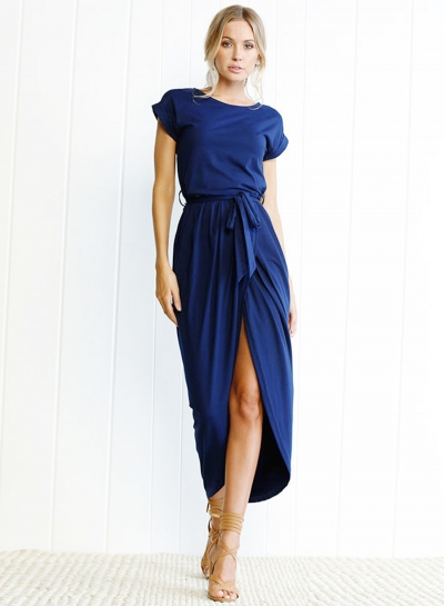 Short Sleeve Slit Maxi Dress with Belt zecalaba.com