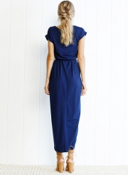 Short Sleeve Slit Maxi Dress with Belt