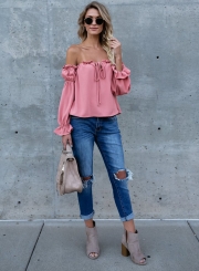 Fashion Off Shoulder Long Sleeve Ruffle Chiffon Blouse