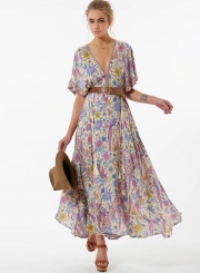 V Neck Short Sleeve Maxi Floral Boho Dress