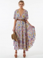 V Neck Short Sleeve Maxi Floral Boho Dress